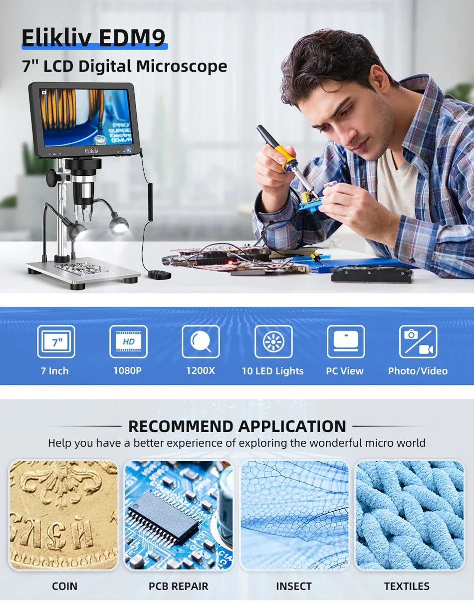 7 Inch Digital Microscope 50X-1200X HD LCD for PCB Electronics Soldering