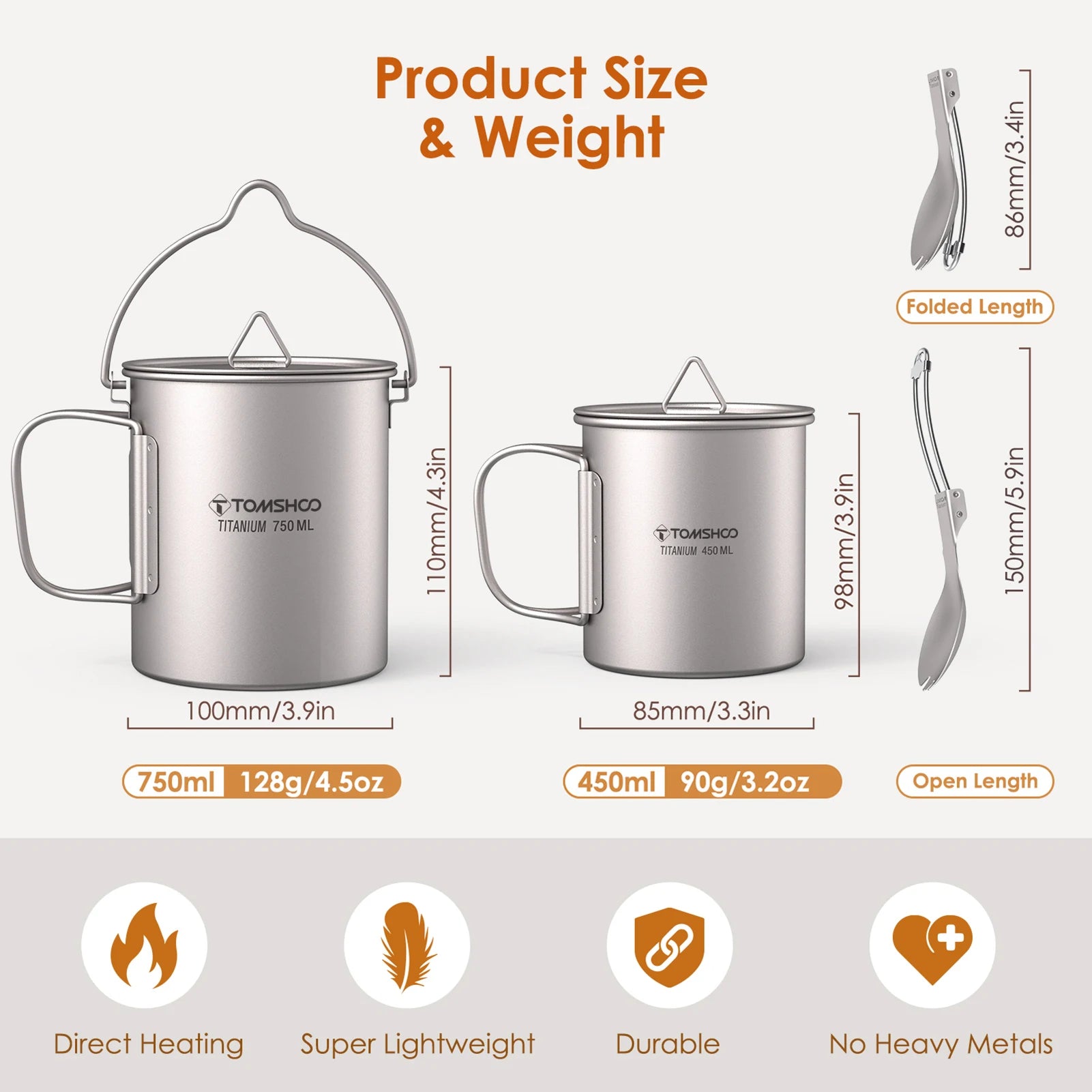 3-Piece Titanium Cookware Set with 750ml Pot, 450ml Cup, Folding Spork