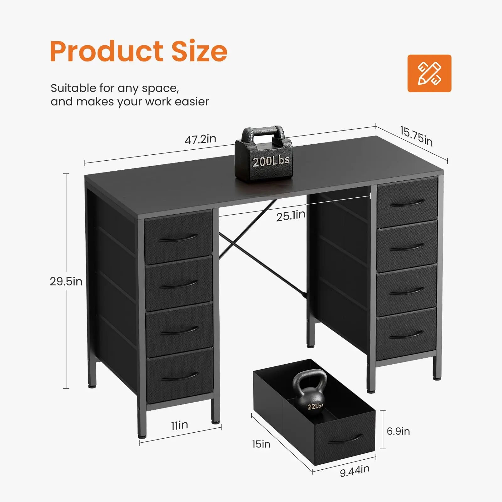 47 Inch Computer Desk with 8 Drawers Storage & Sturdy Frame