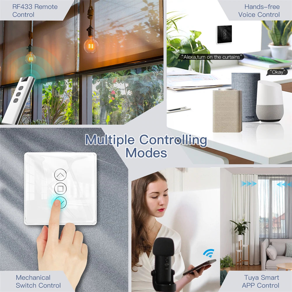 MOES WiFi RF433 Smart 2.5D Arc Glass Touch Curtain Switch for Roller Blinds Shutters Smart Life/Tuya APP Works Alexa Google Home