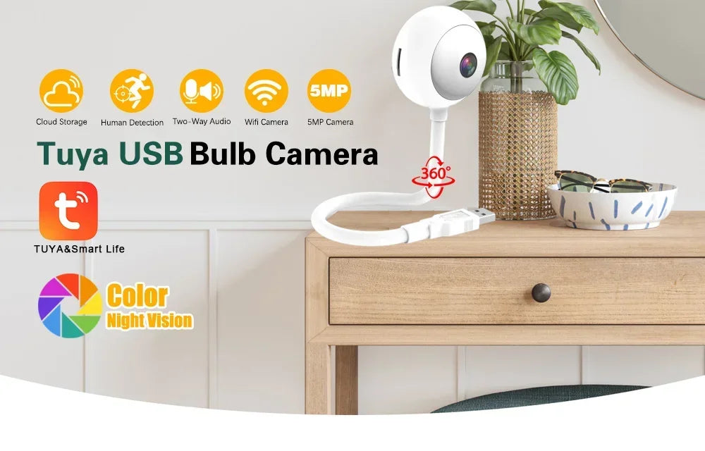 Tuya Indoor USB Light Bulb WiFi Camera 2K 5MP Mini Wireless Security IP Camera IR Color Night Vision Smart Life Baby Monitor Cam
