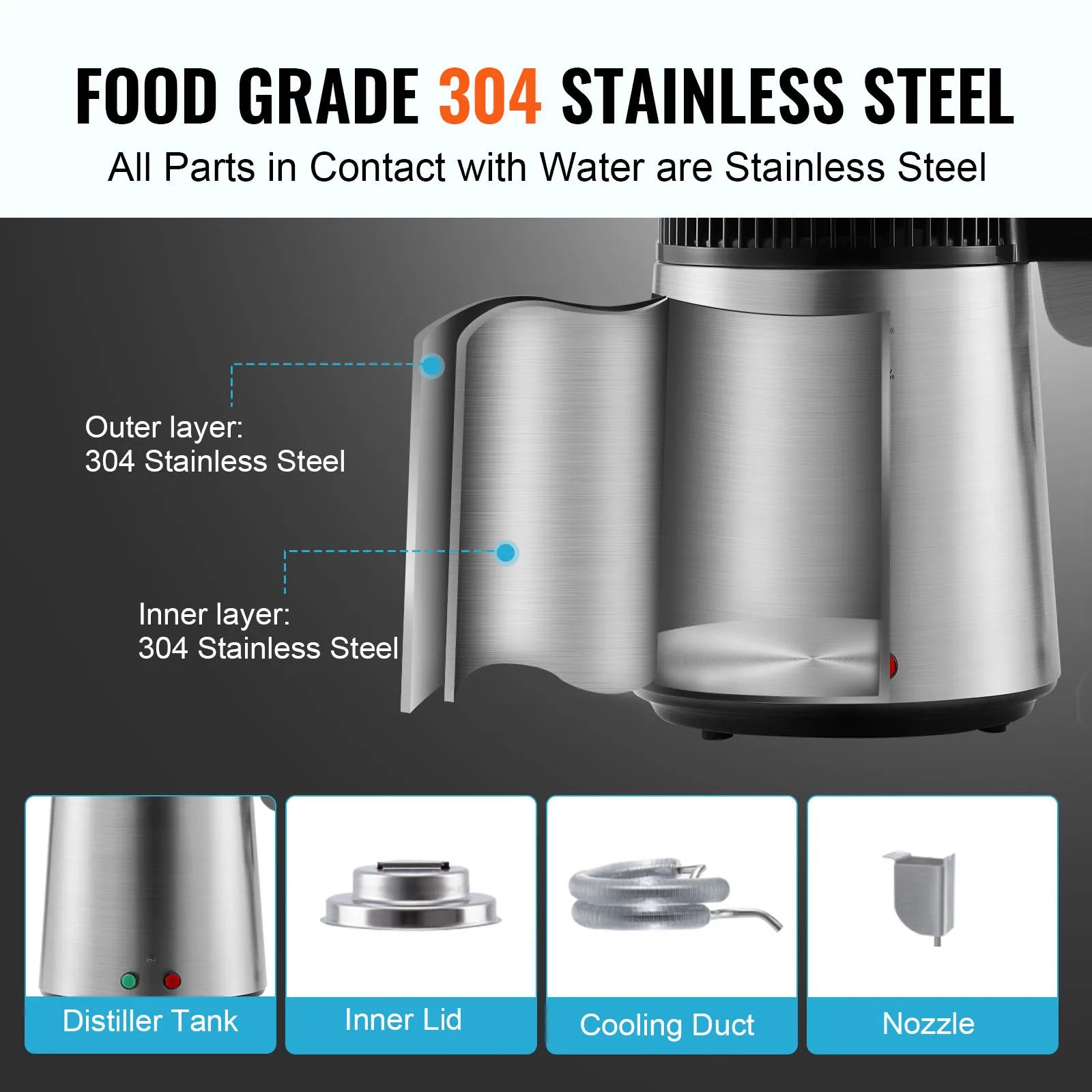 4L Water Distiller 750W Countertop Pure Water Filter System