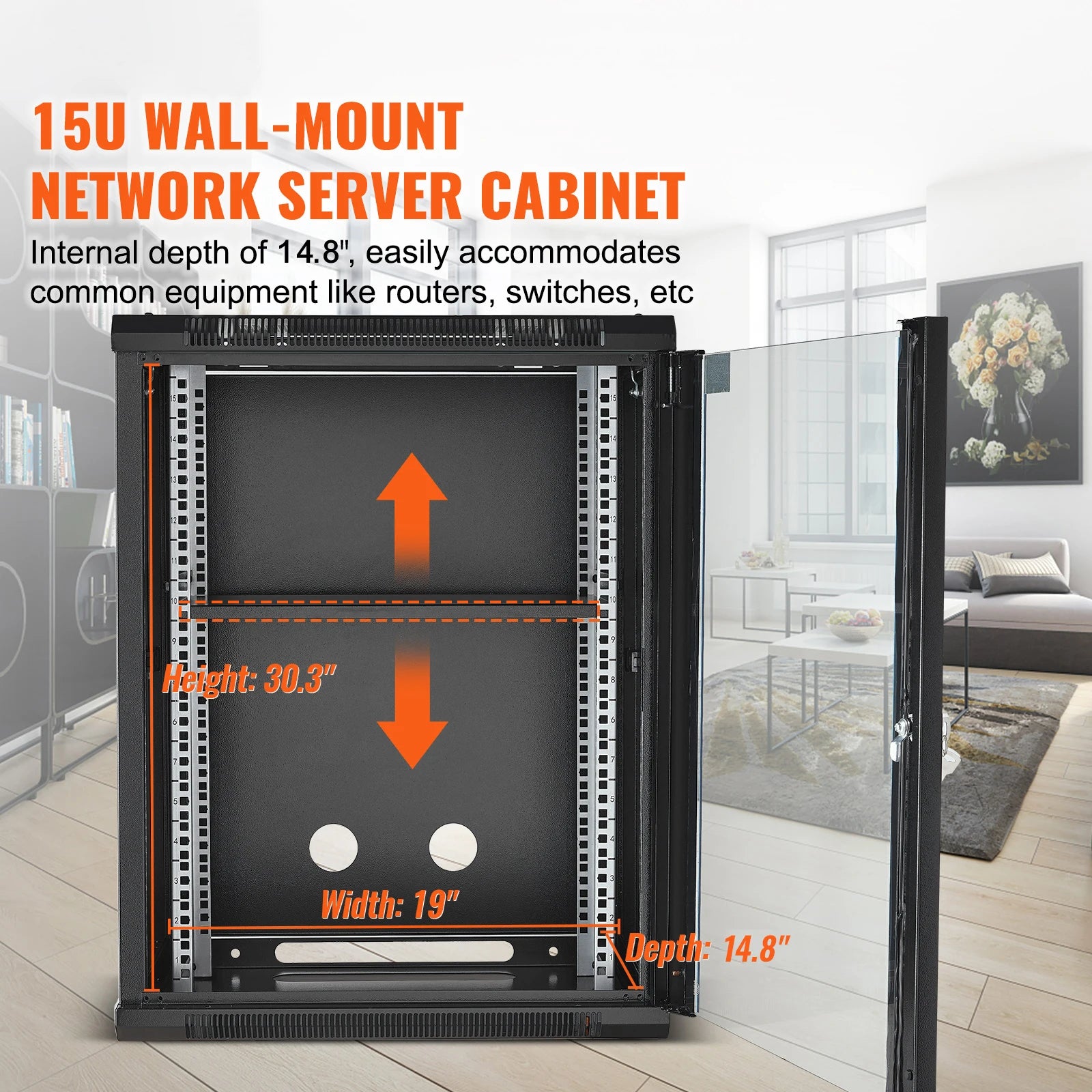 SucceBuy 15U Wall Mount Server Cabinet 500lbs Max Ground-mounted Load Capacity Network Rack Enclosure for IT A/V Devices Use