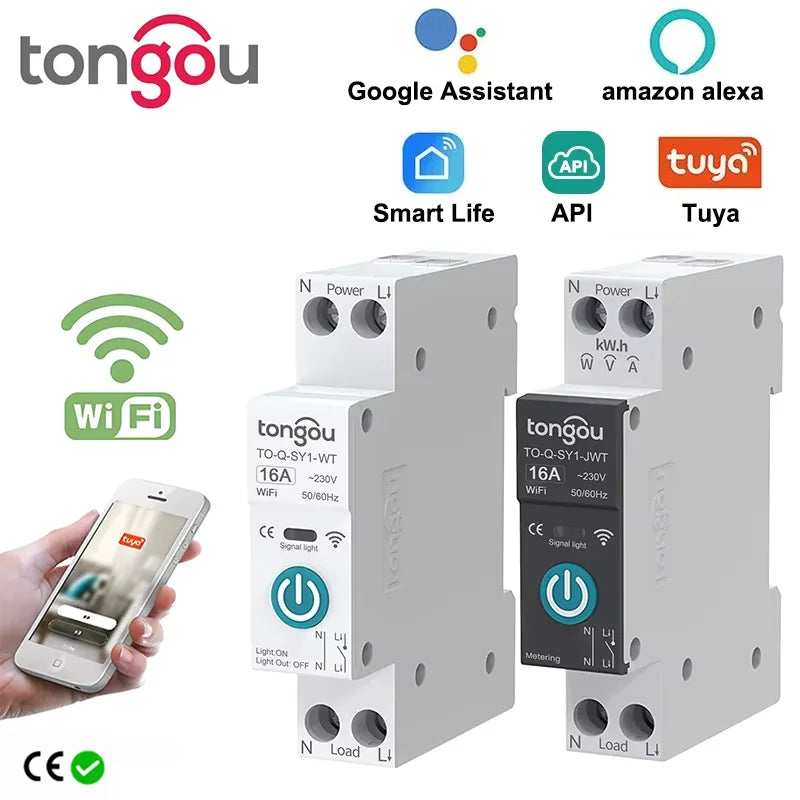TUYA WIFI Smart Circuit Breaker Power Metering 1P 63A DIN Rail for Smart Home wireless Remote Control Smart Switch by APP TONGOU