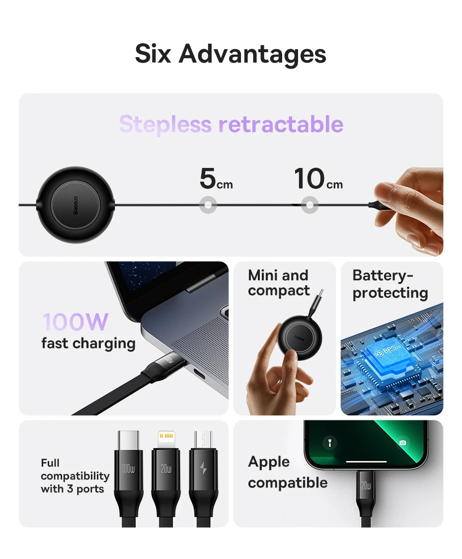 Vysúvací 100W 3v1 USB-C nabíjací kábel pre notebook a telefón