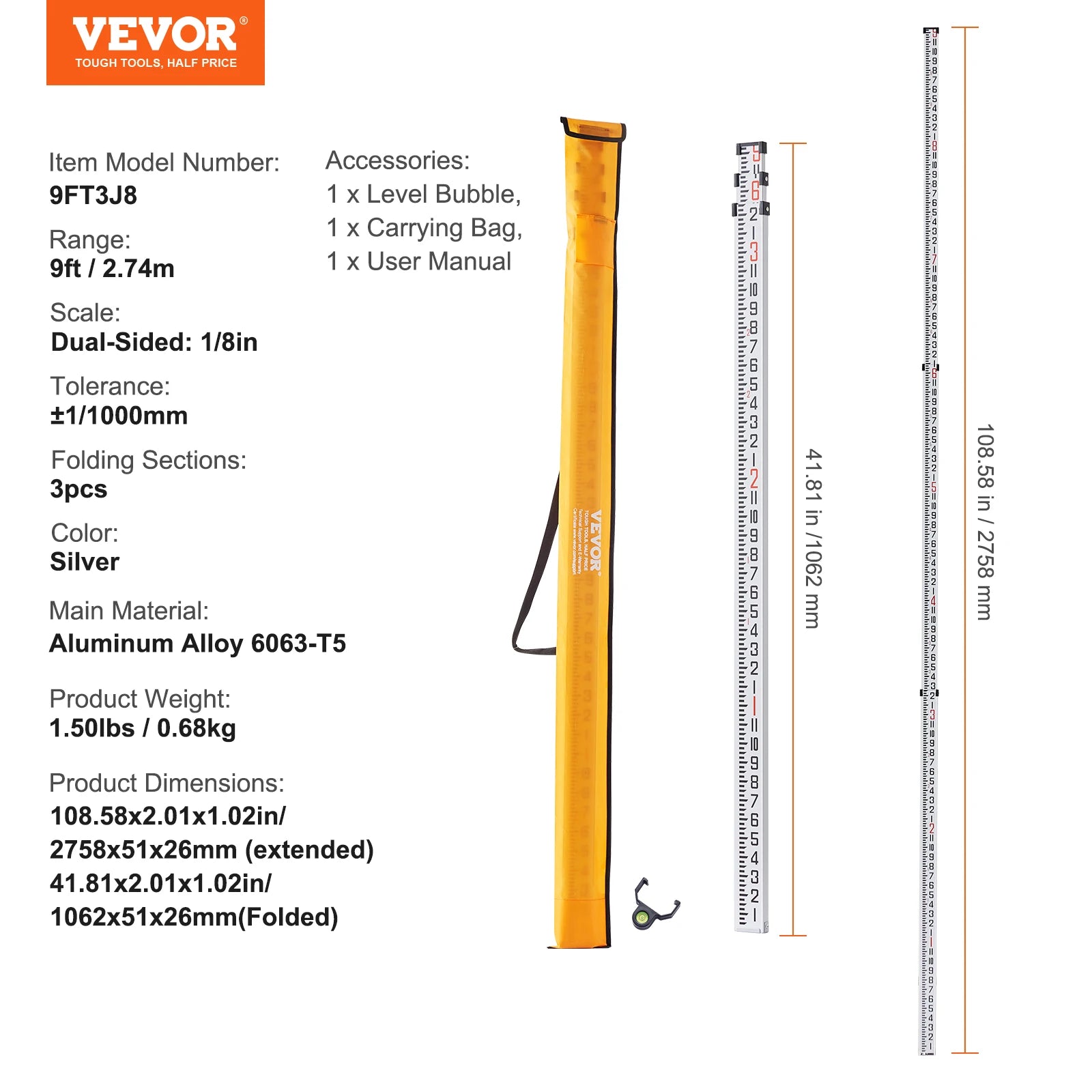 Aluminum Grade Rod Double-Sided Scale with Bubble Level and Carrying Bag