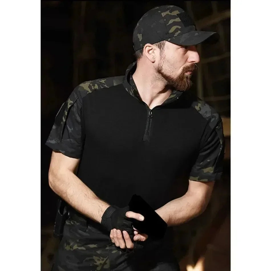 Black Camo Training Sets 1/4 Zipper Combat Tops Tactical Suits Hiking Pants Men Durable Shirts Multiple Pockets Wear-resisting