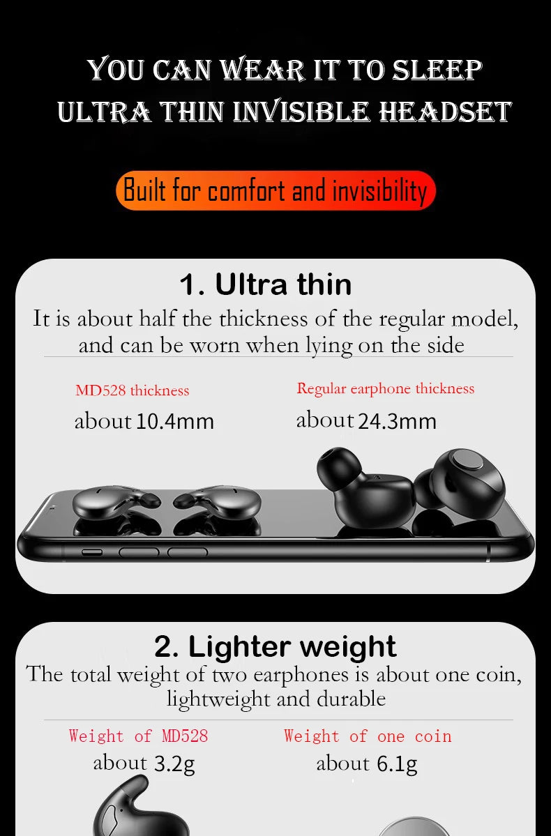 SK Ultra-tin Sleep Headphones 5.3 Wireless Bluetooth Headset Invisible Earbuds Hidden In Ear Button Sports Earphones Waterproof