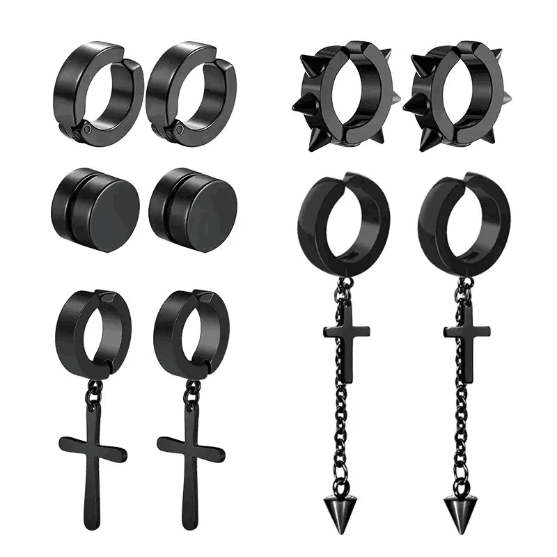 Men's Punk Cross Magnetic Earrings Set