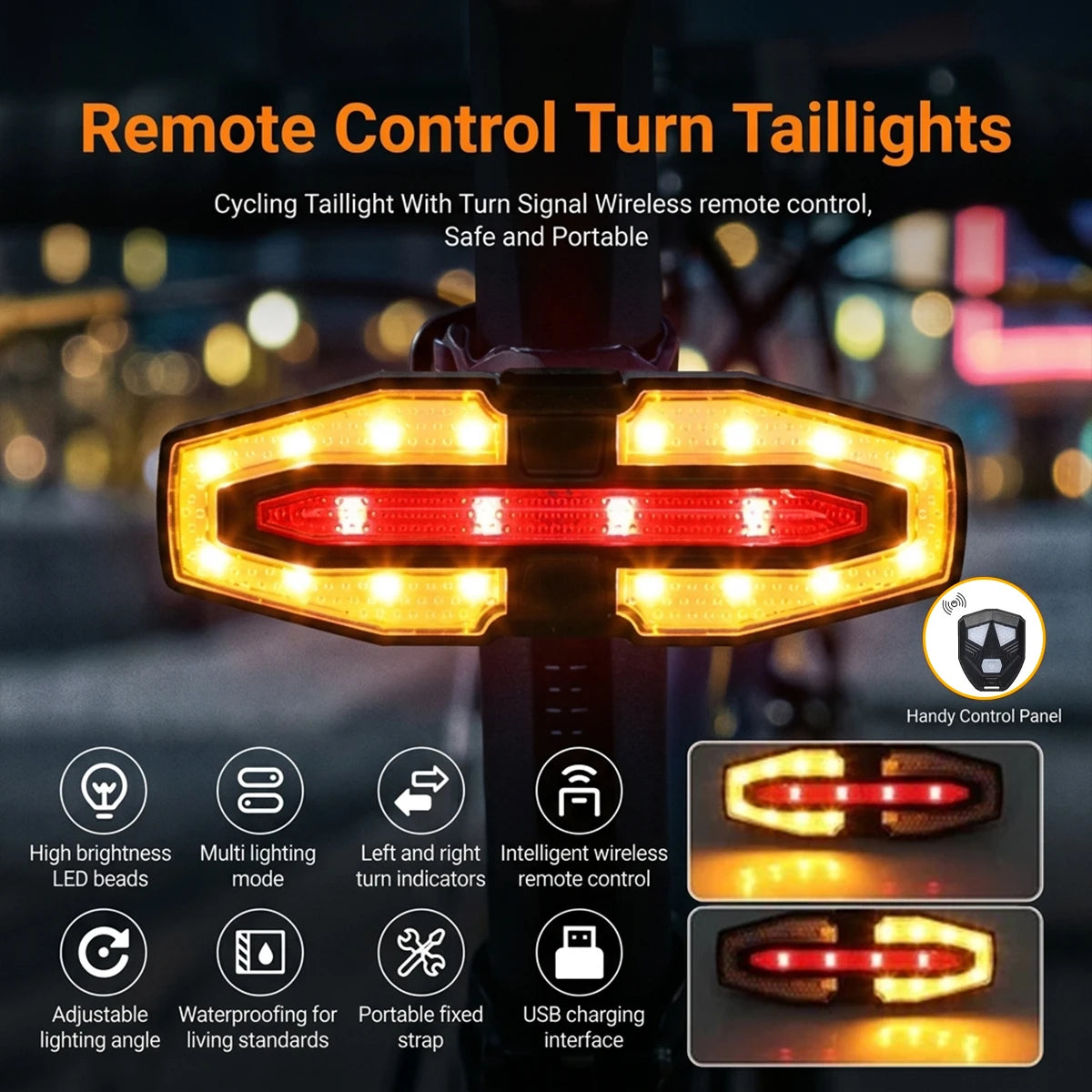 Luz trasera de bicicleta con control remoto y señales de giro