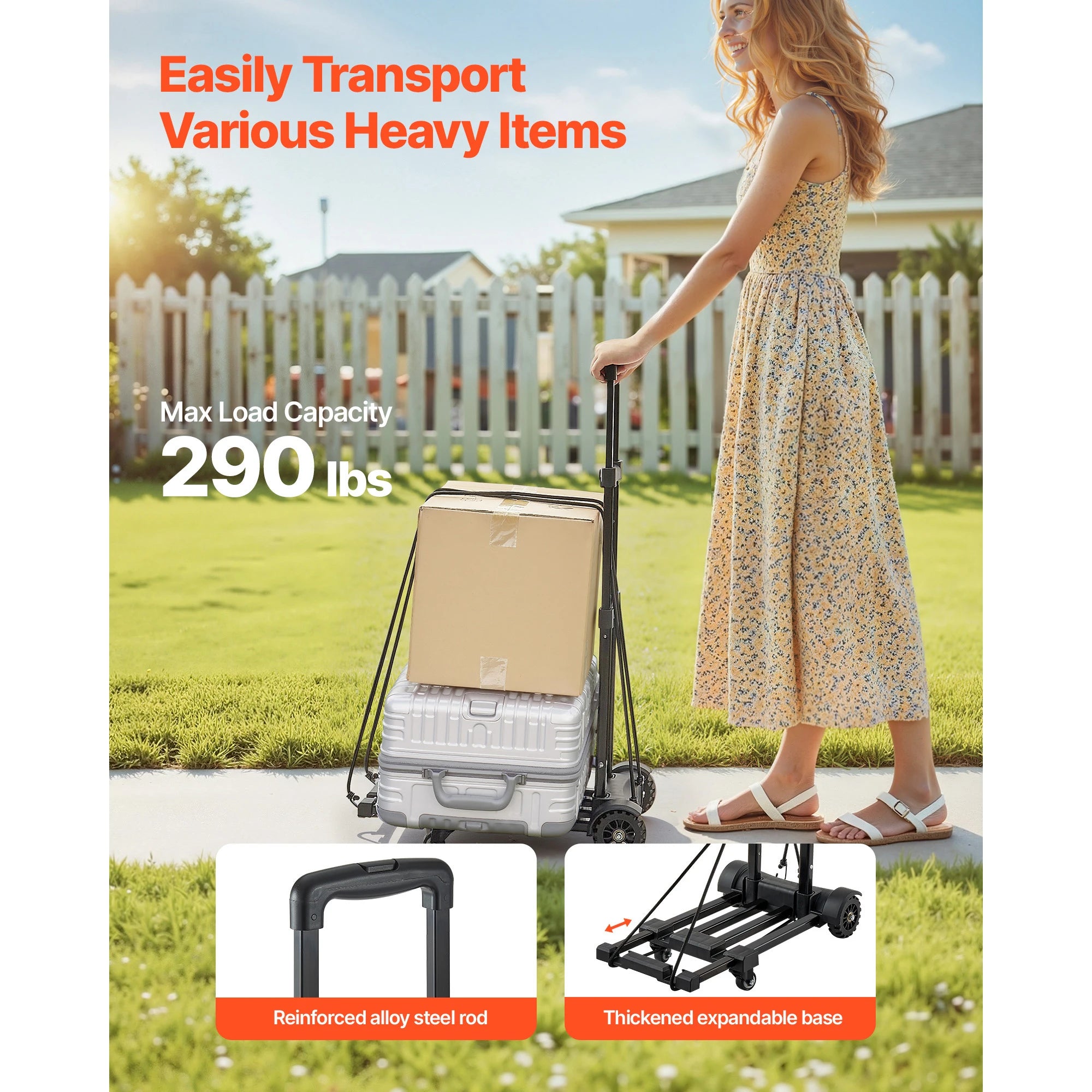 Folding Hand Truck 290lbs Capacity with 4 Wheels & Expandable Base