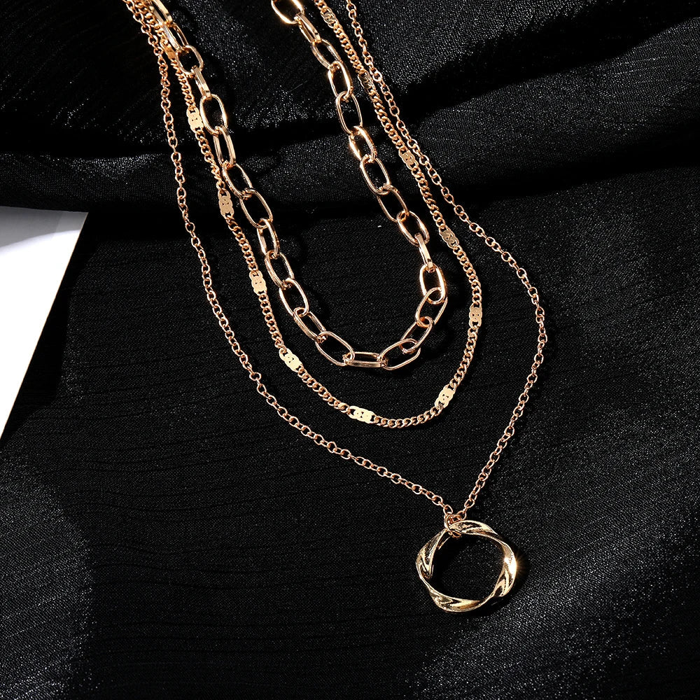 IPARAM Gold Color Multi Layered Chains Necklace for Women Girls Circle Pendant Vintage Necklaces Fashion Jewelry Gifts