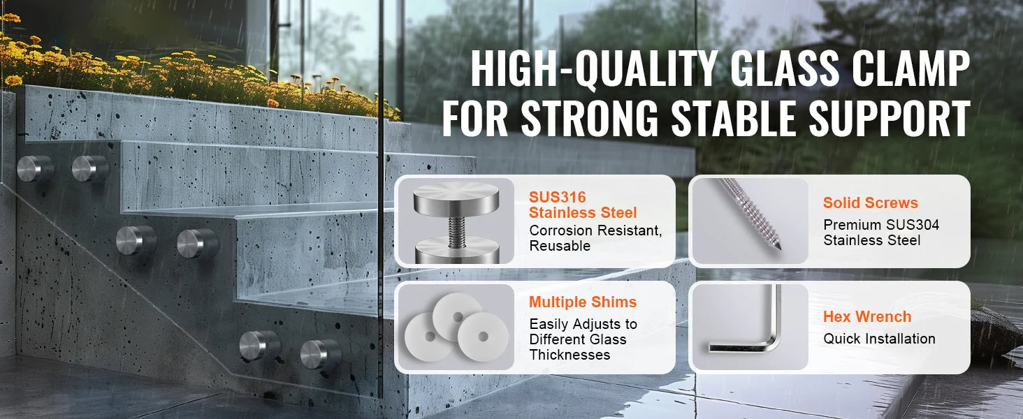 SucceBuy 2 Type Glass Clamp 10PCS Round Glass Railing Bracket for 0.31 "-0.62 "316 Stainless Steel for Balcony Garden Pool Stair