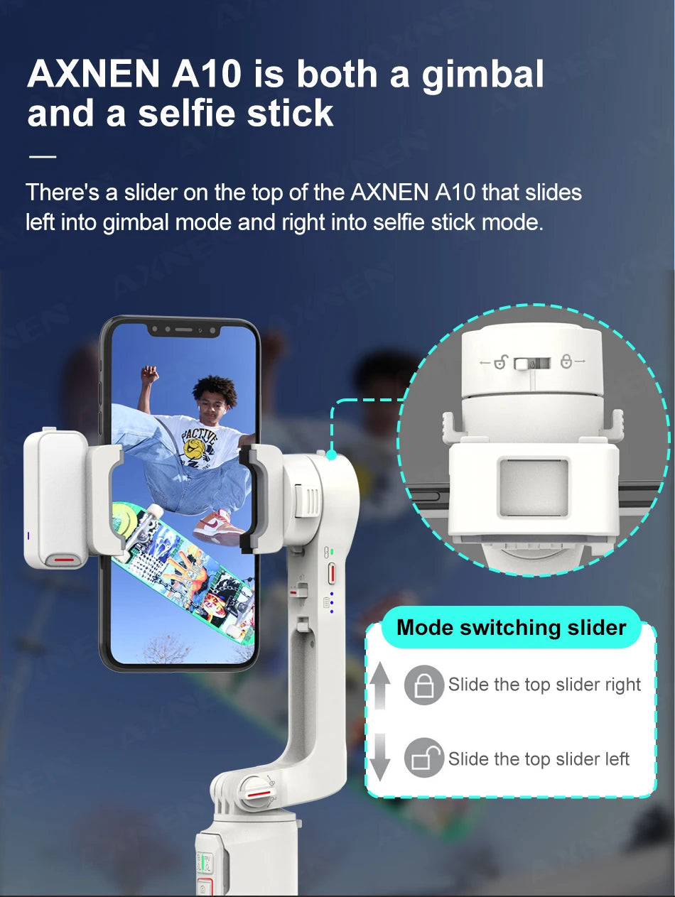 AXNEN A10 Handheld Gimbal Smartphone Stabilizer with Fill Light Extension Rod Remote Cellphone Selfie Stick for iPhone Samsung