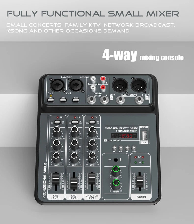 4 Channel Audio Mixer 48V Phantom Power USB Studio Sound Mixers Bluetooth DJ Console Mixing for Karaok