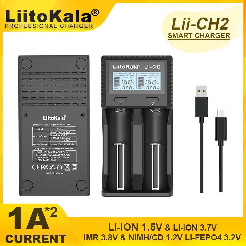 شاحن بطاريات ذكي متعدد الوظائف CH2، بشاشة LCD مزدوجة الفتحات، يدعم بطاريات Li-ion بجهد 1.5V و3.7V و3.8V وLiFePO4 وNi-MH، وبطاريات AA وAAA و18650
