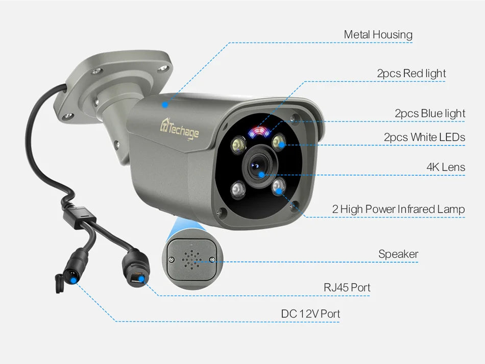Techage 8MP 5MP 4MP 4K PoE IP Caméra H.265 Détection humaine AI Audio bidirectionnel Extérieur CCTV Surveillance ONVIF XMEYE