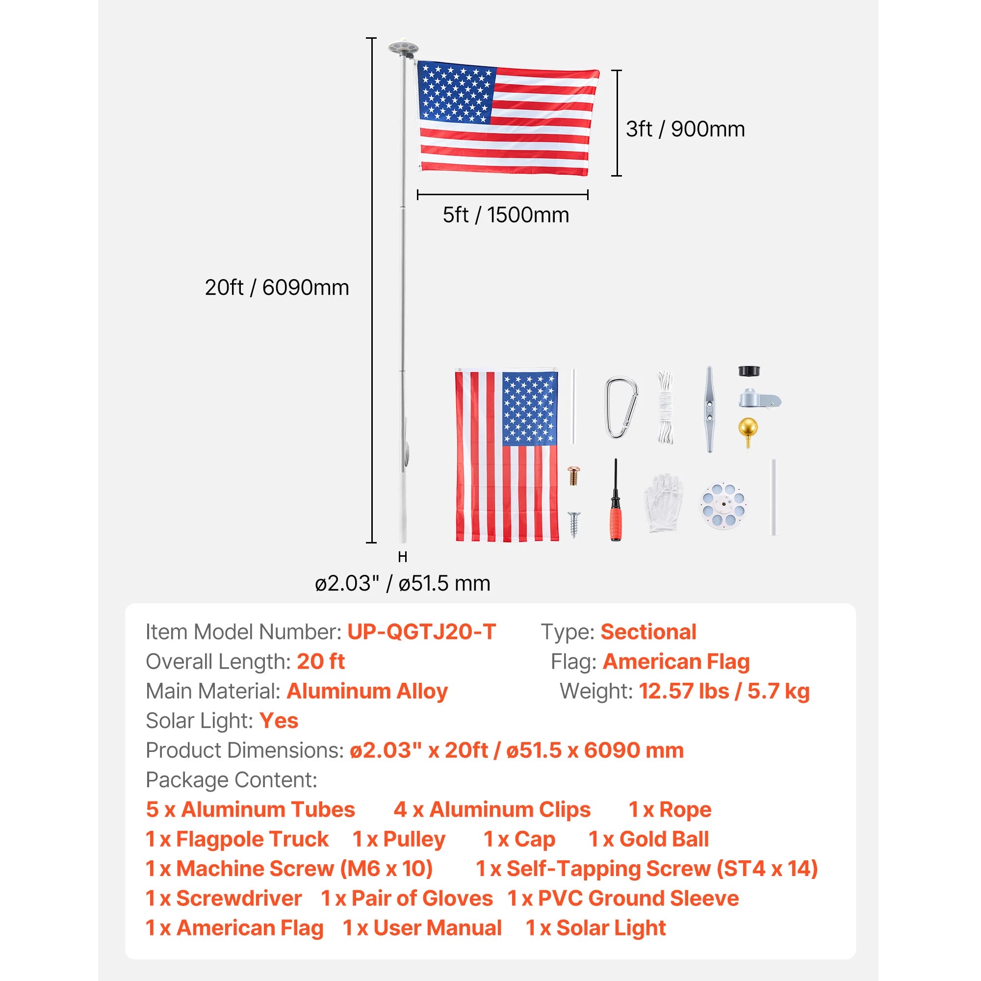 16/20/25/30ft In-Ground Aluminum Flag Pole Kit with Flag