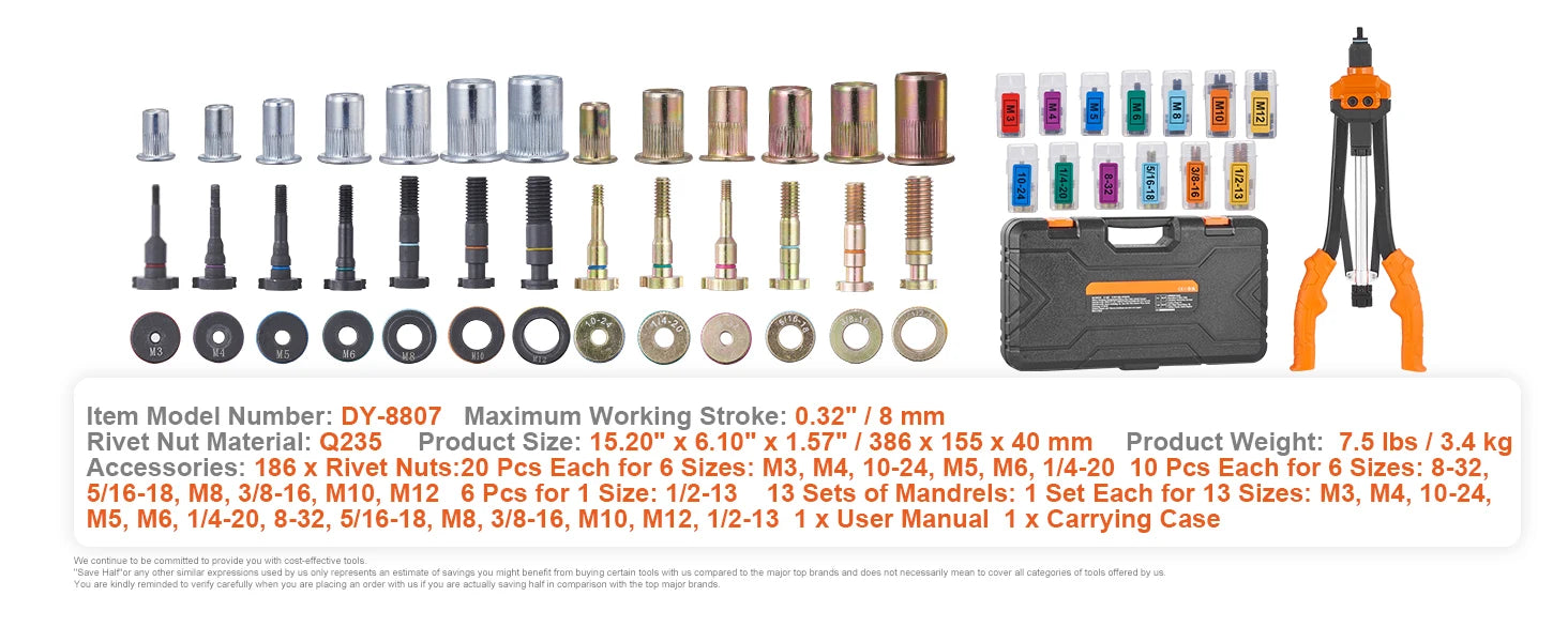 SucceBuy outil rivet nut 14" 16" Rivet Nut Tool kit avec mandrins métriques et SAE 70 pièces/186 pièces Rivet Nuts avec boîtier de transport robuste
