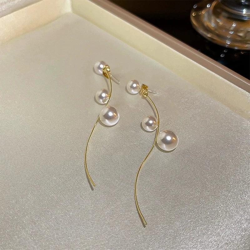 Korean Long Tassel Pearl Dangle Earrings for Women