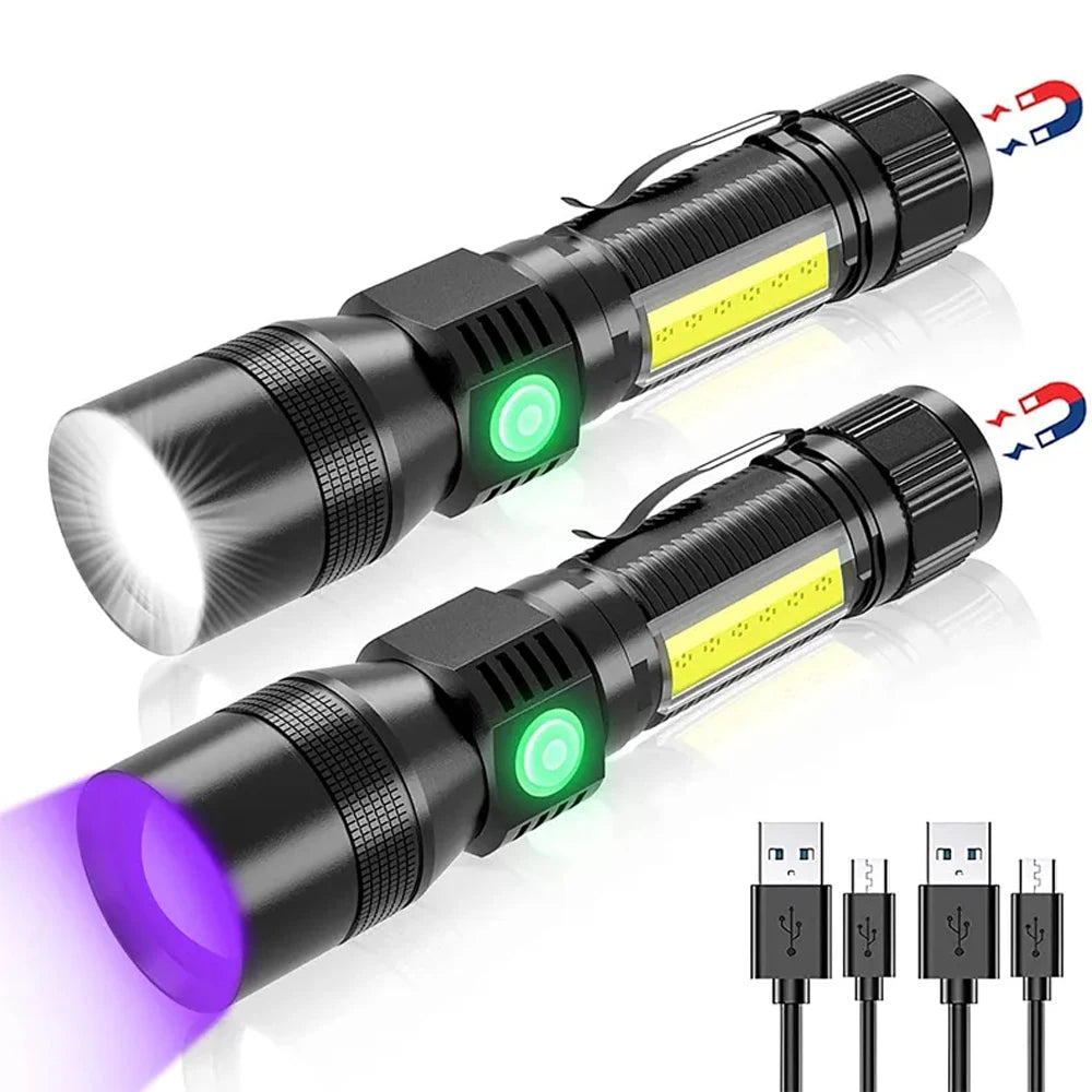 Rechargeable LED and UV Flashlight with COB Light