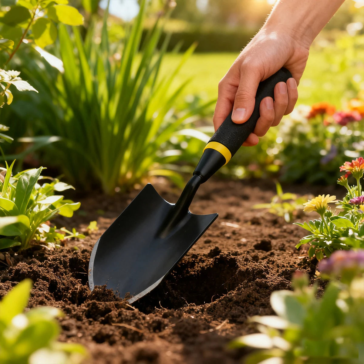 Pá de mão metálica para jardim com pega ergonómica
