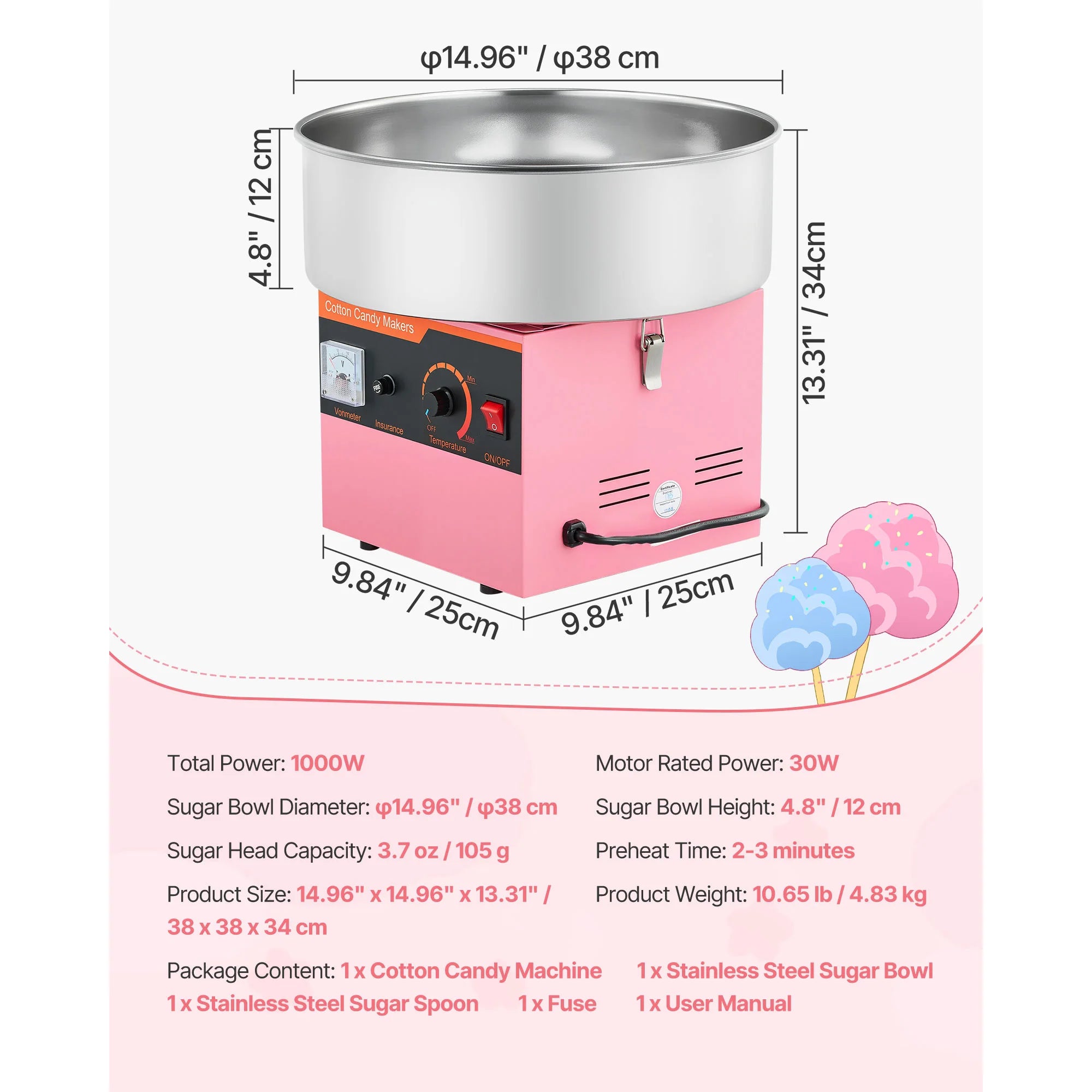 Cotton Candy Machine 1000W Electric Candy Floss Maker with 15 Inch Stainless Steel Bowl