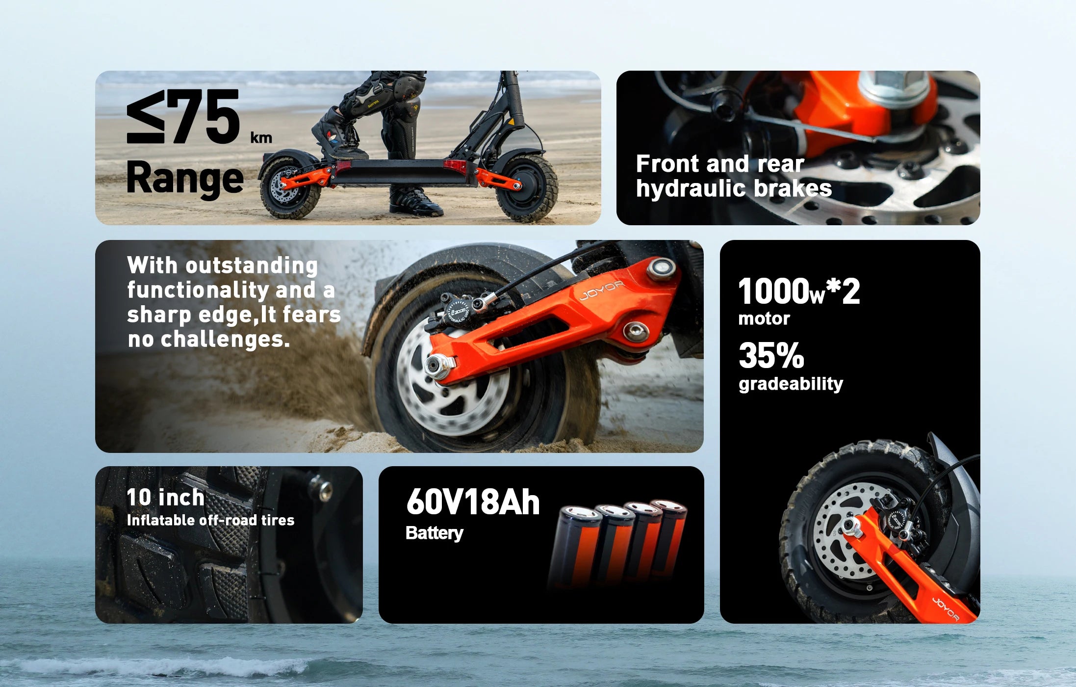 JOYOR T10 Adult Electric Scooter with Dual 1000W Motors