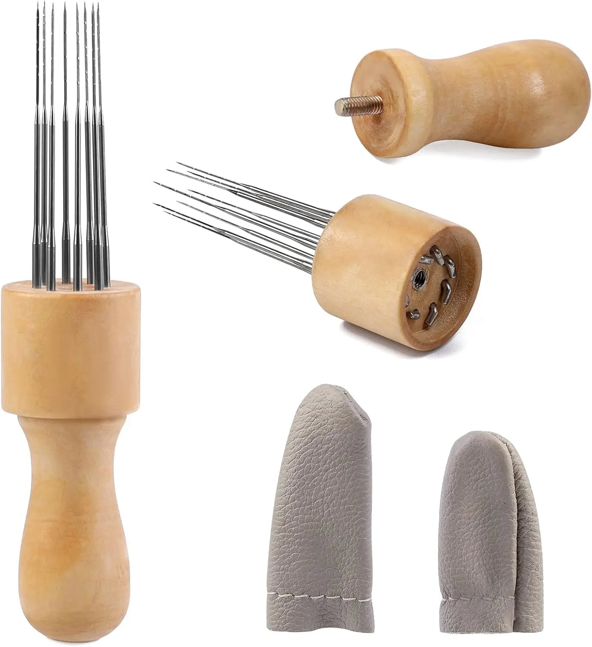 8-Needle Wooden Felting Tool with Finger Protectors