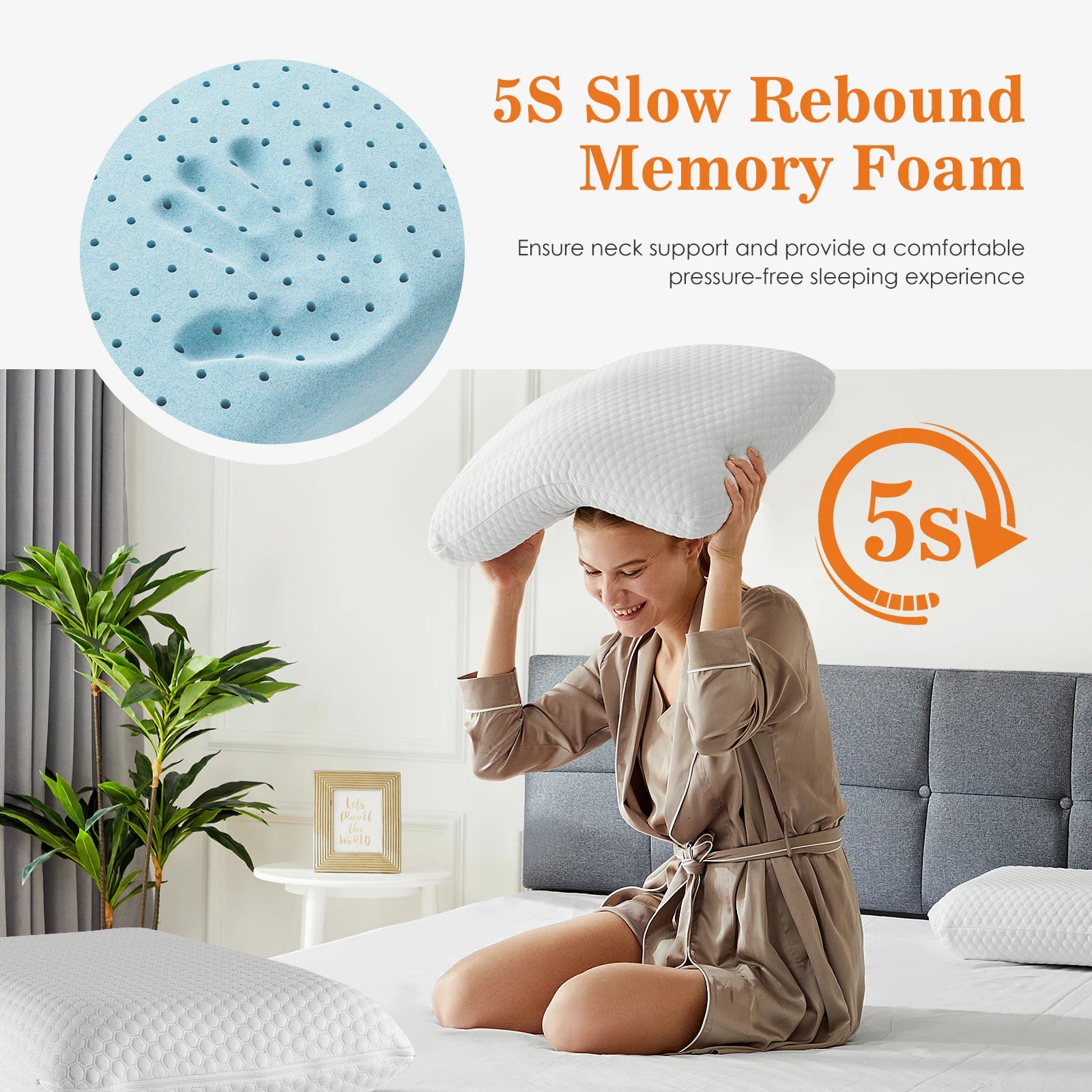 Memory Foam Neck Pillow with Cooling Ventilation & Washable Cover