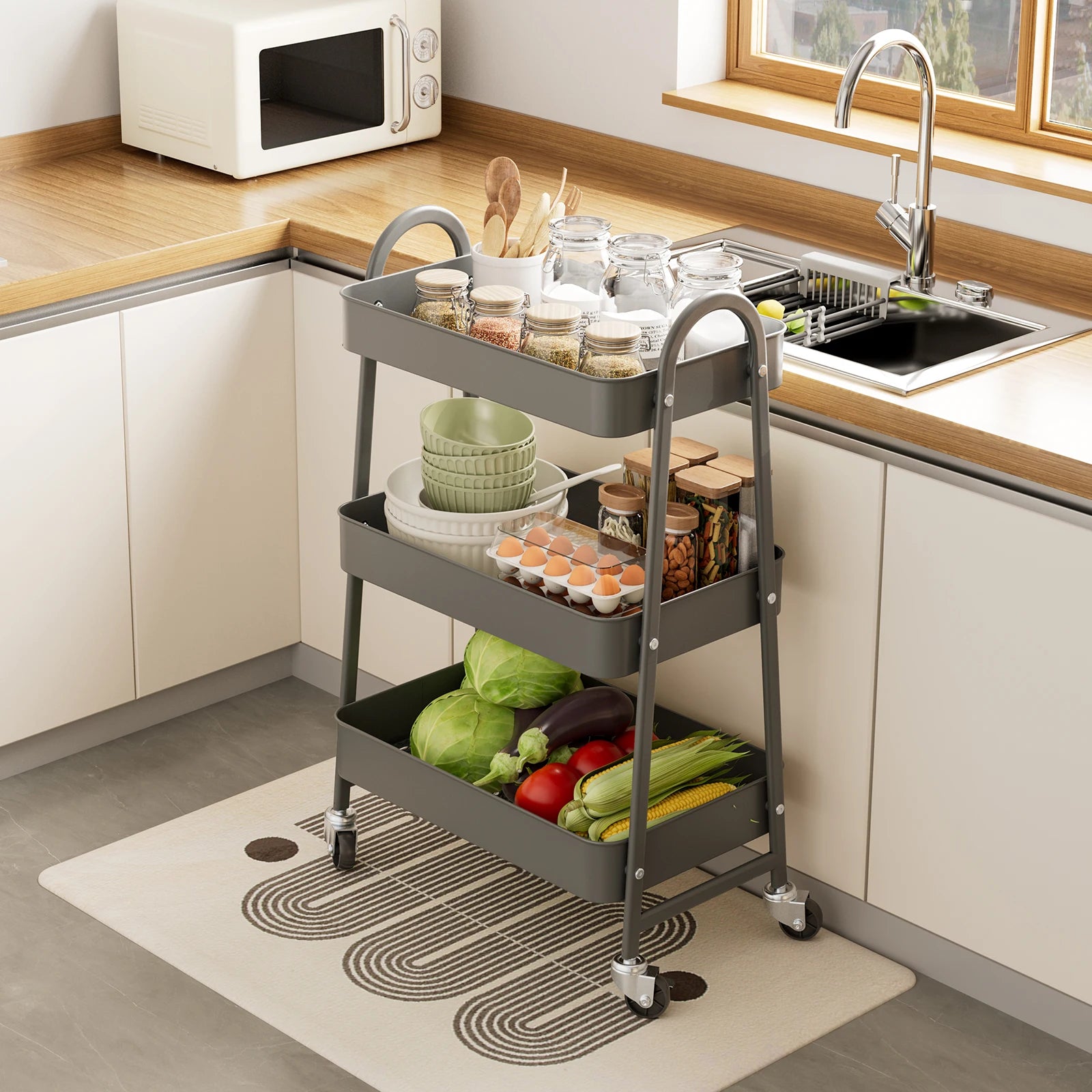 3-Tier Rolling Storage Cart with Lockable Wheels for Small Spaces