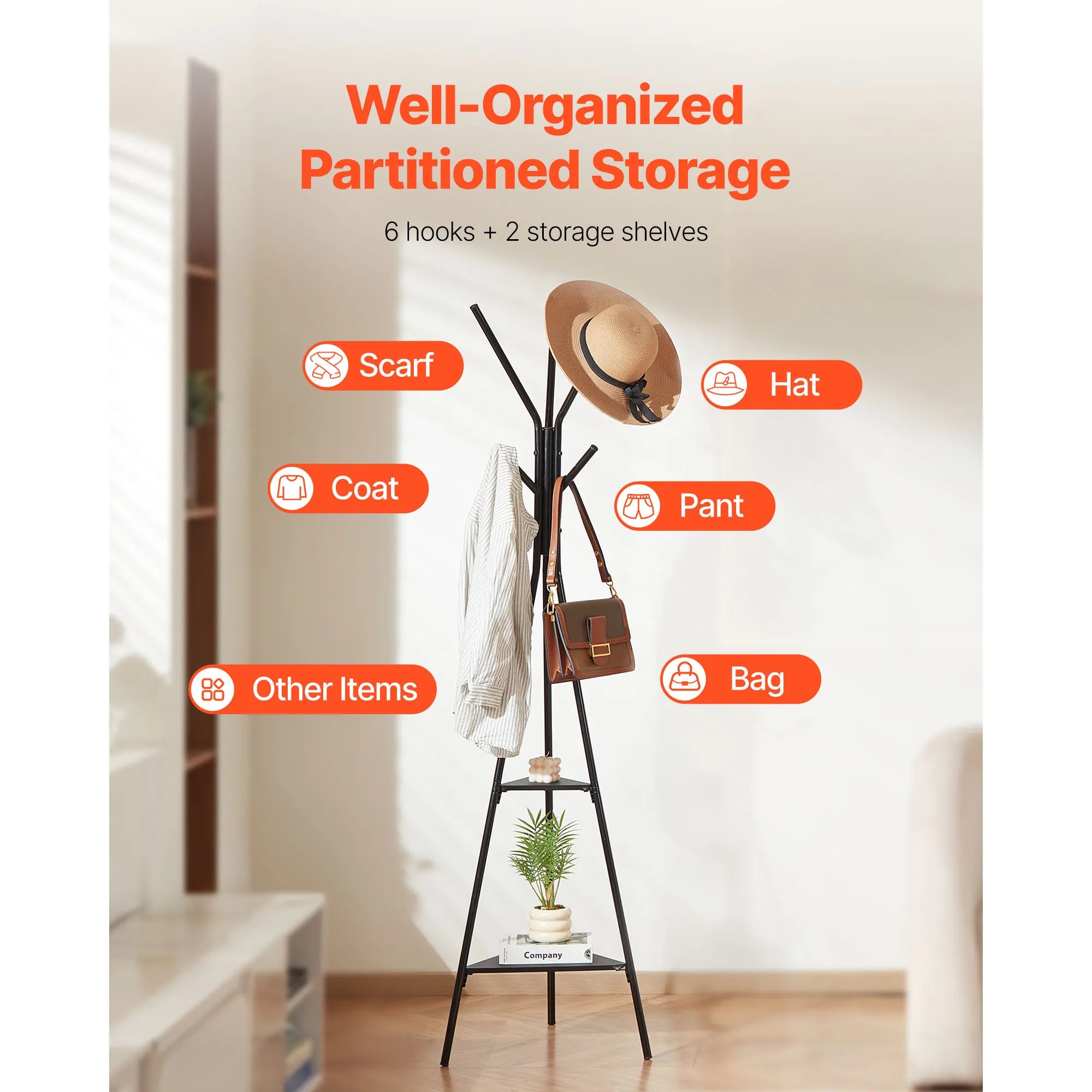 Freestanding Coat Rack with Shelves and Hooks for Entryway Storage