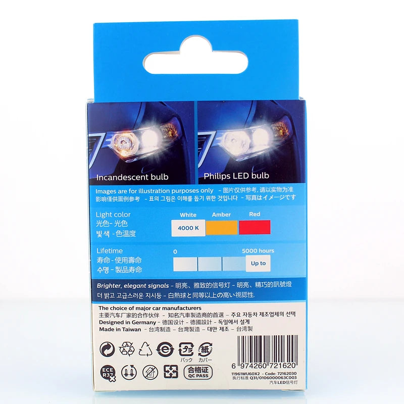Philips LED T10 W5W Ultinon Pro6000 4000K 6000K White Bright Car Interior Lamps Turn Signal No Flash Flickering Error Free