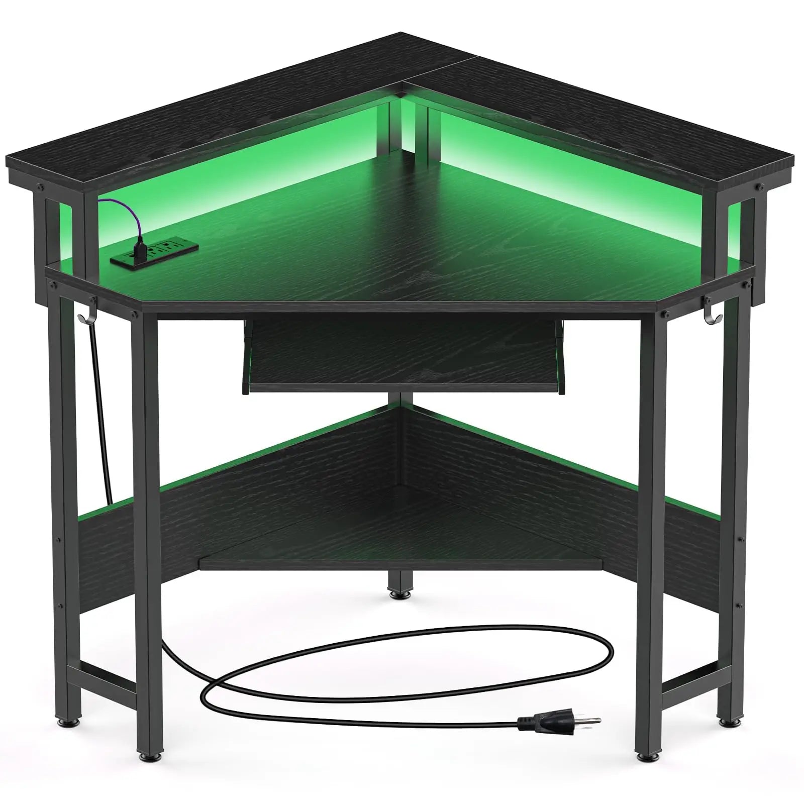 Corner Desk with LED Lights & Power Outlets for Small Spaces