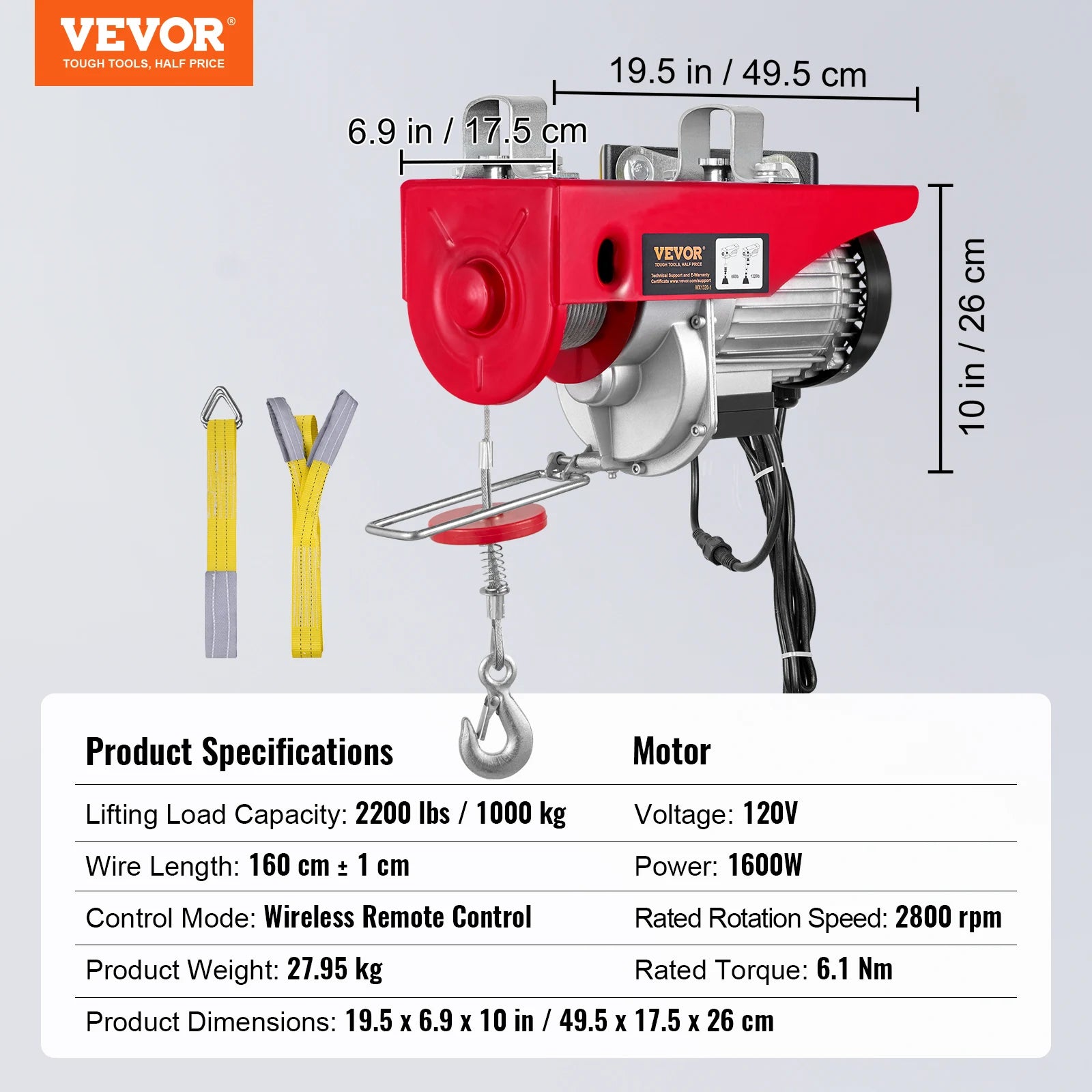 2200 lb Electric Hoist with Wireless Remote & 1600W Motor