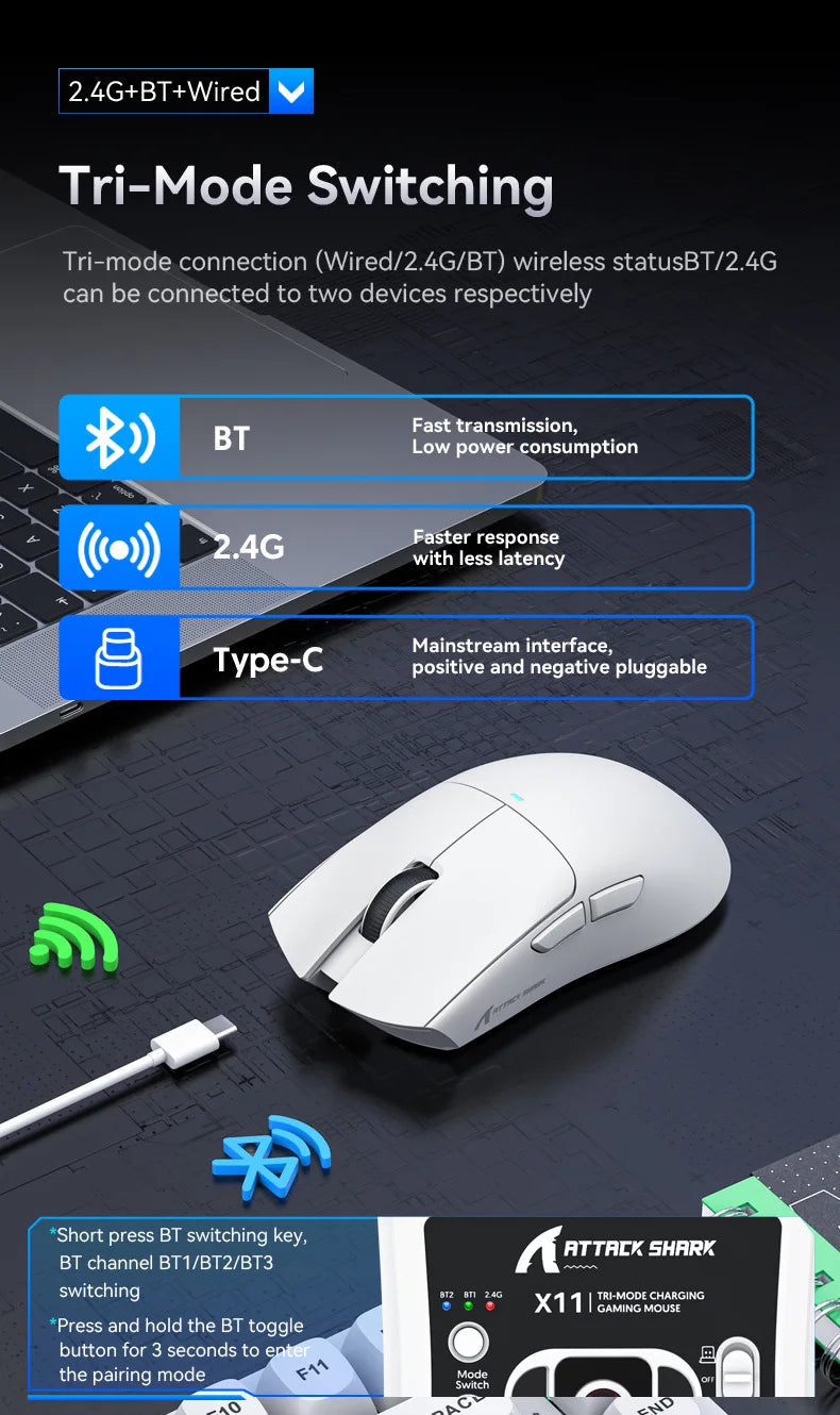Attack Shark X11 Wireless mouse, three-mode connection 2.4GHz/ wired/Bluetooth PAW3311 22000DPI RGB magnetic charging dock mouse