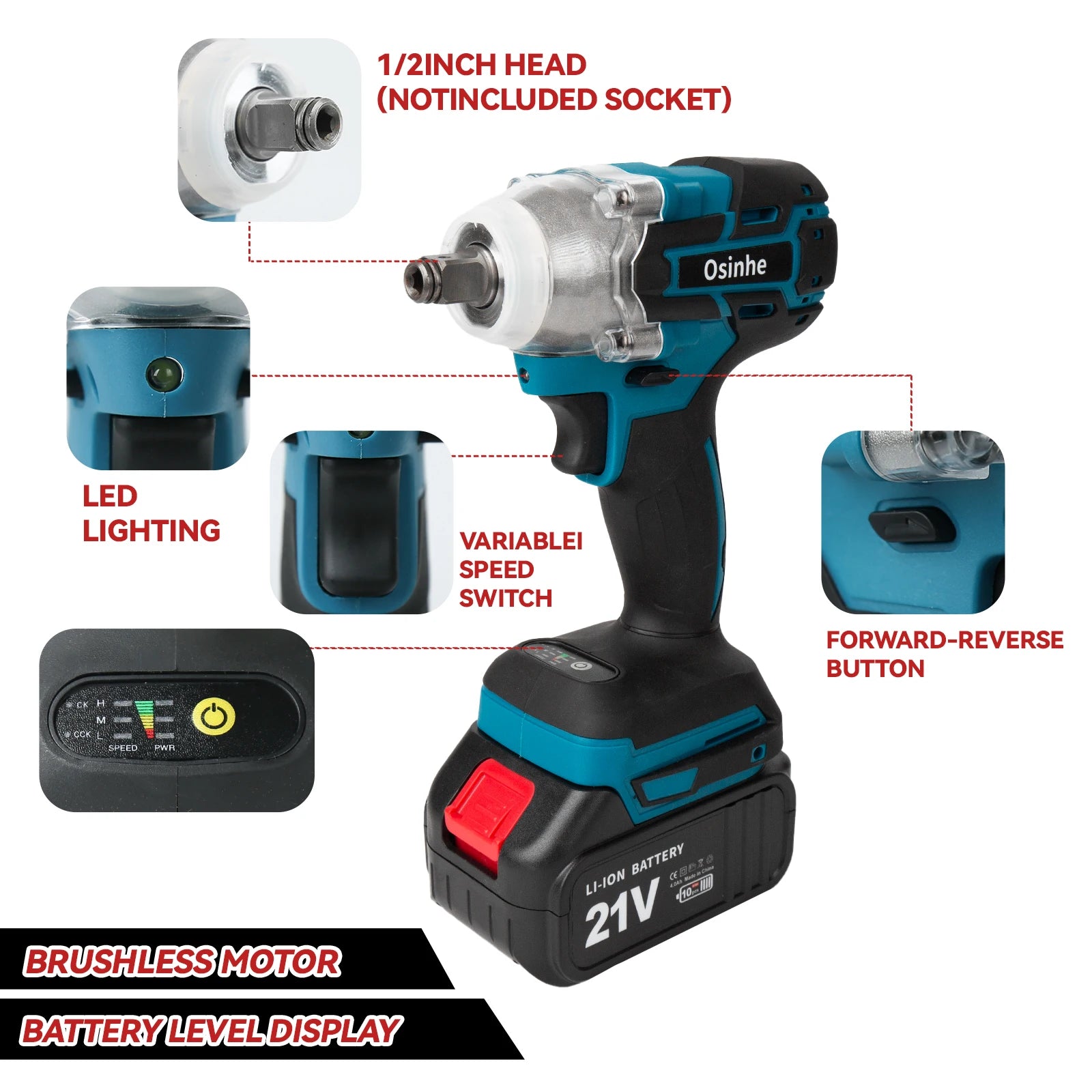Osinhe Cordless Brushless Impact Wrench 520N·m Torque