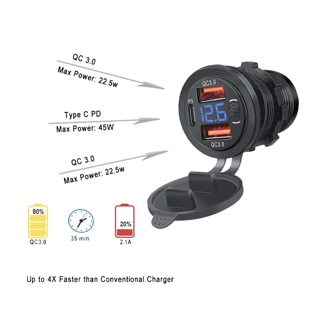 100W USB Car Charger Socket with Dual QC3.0, USB-C PD, Voltmeter and Touch Switch