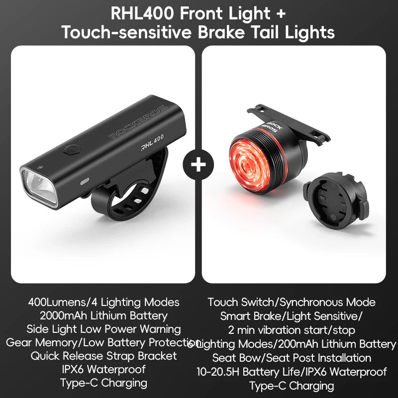 Set Luci per Bici ROCKBROS MTB Strada Impermeabile 200LM/400LM Faro Anteriore + Luce Posteriore Intelligente con Sensore Frenata Automatica