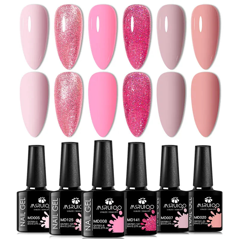 6pc All-season Gel Nail Polish Set Nude Pink Red Glitter Semi Permanent UV Gel Polish Kits All For Manicure Soak Off Vernis
