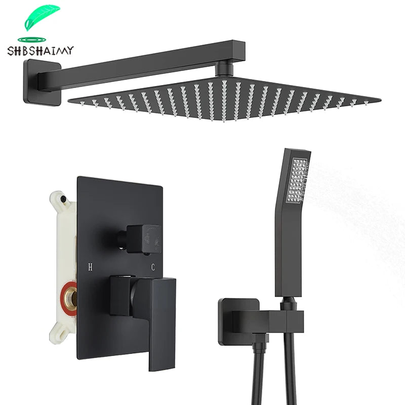 Matte Black Rainfall Shower Faucets Set Rain Waterfall Concealed Shower System Embed Box Bathroom Shower Mixer Shower Combo Set