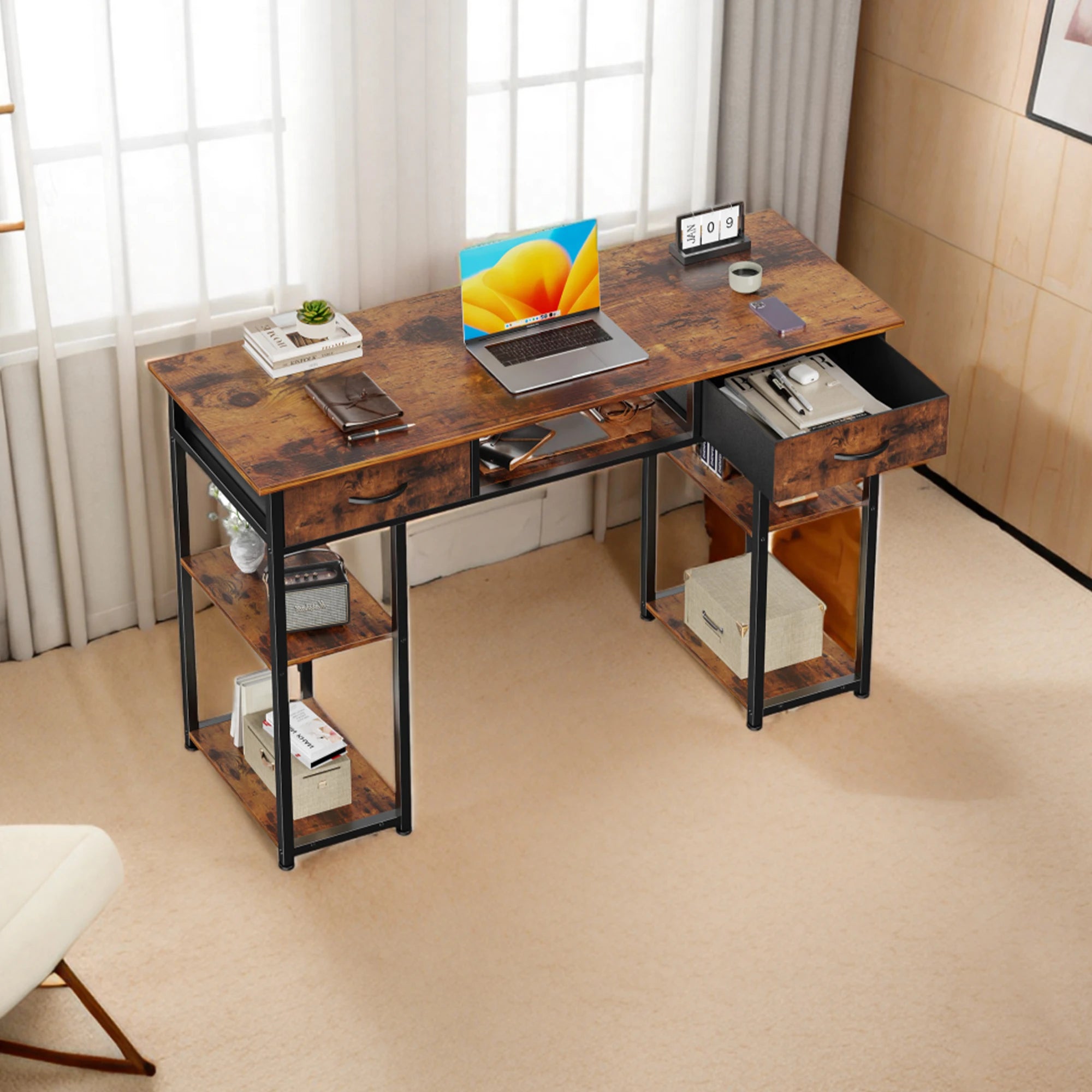 48 Inch Computer Desk with Drawers, Shelves & Keyboard Tray
