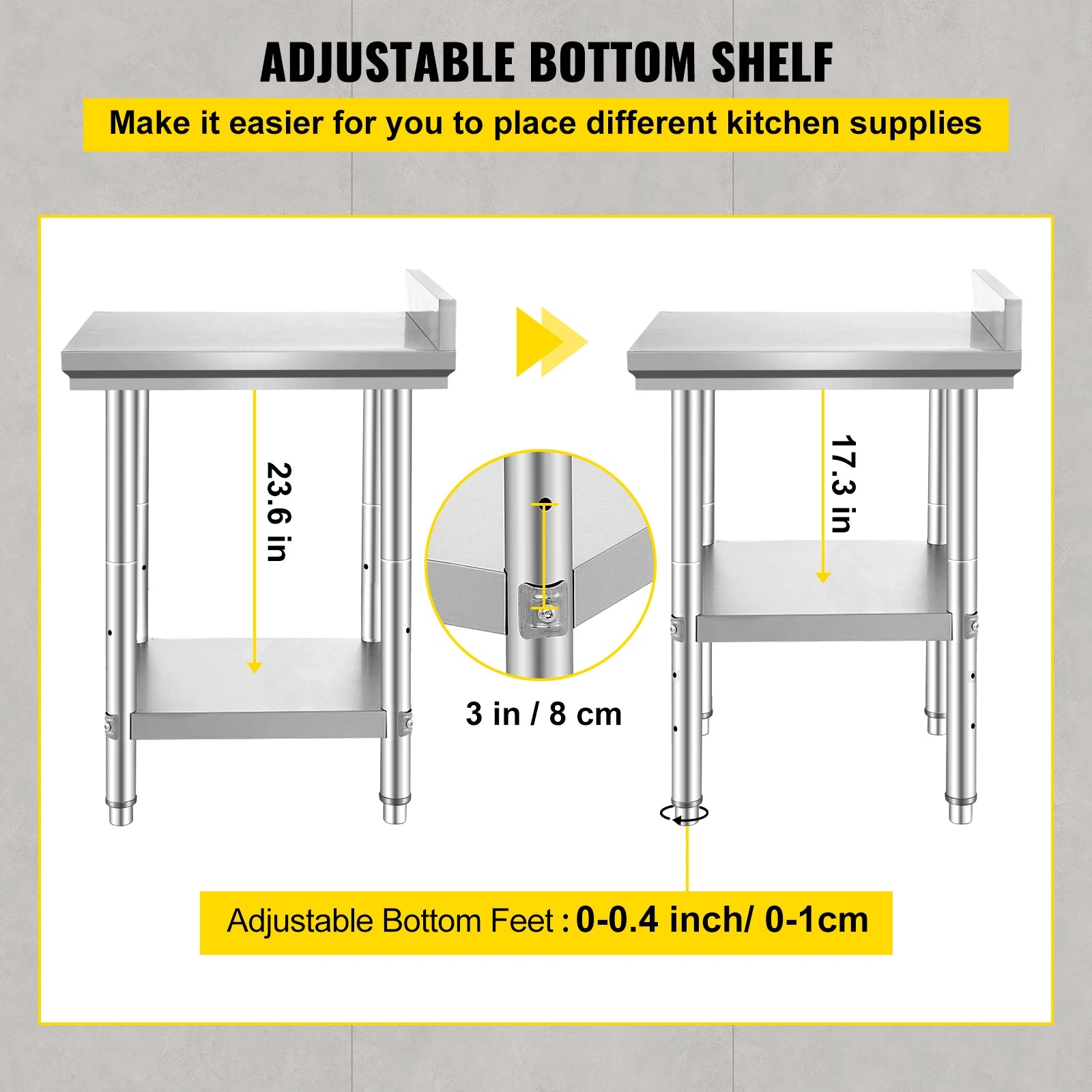 Stainless Steel Kitchen Work Table with Adjustable Shelf & Backsplash
