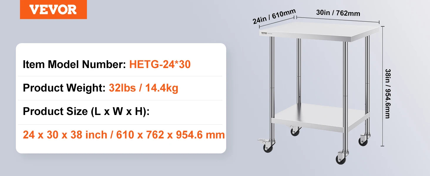 Stainless Steel Work Table with Wheels, Adjustable Shelf, 500 lb Capacity