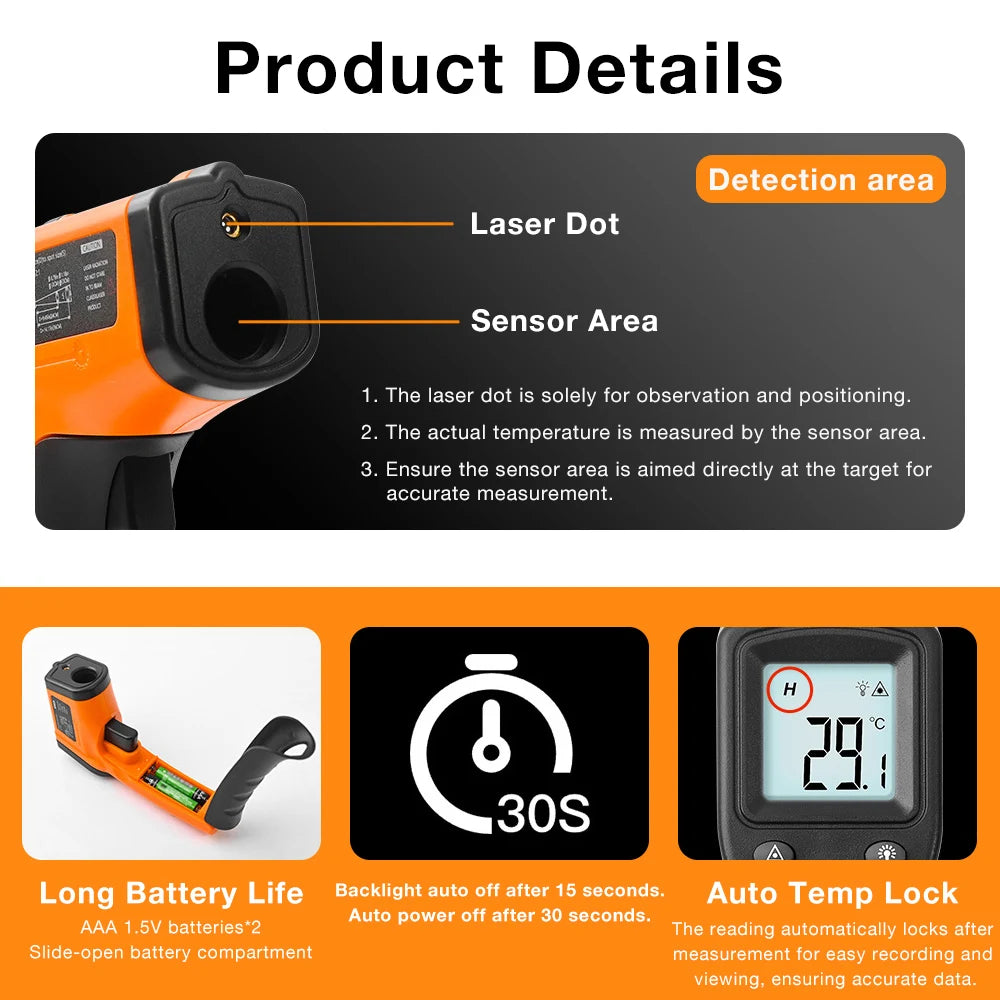 Non-Contact Infrared Surface Thermometer, −50 to 400°C