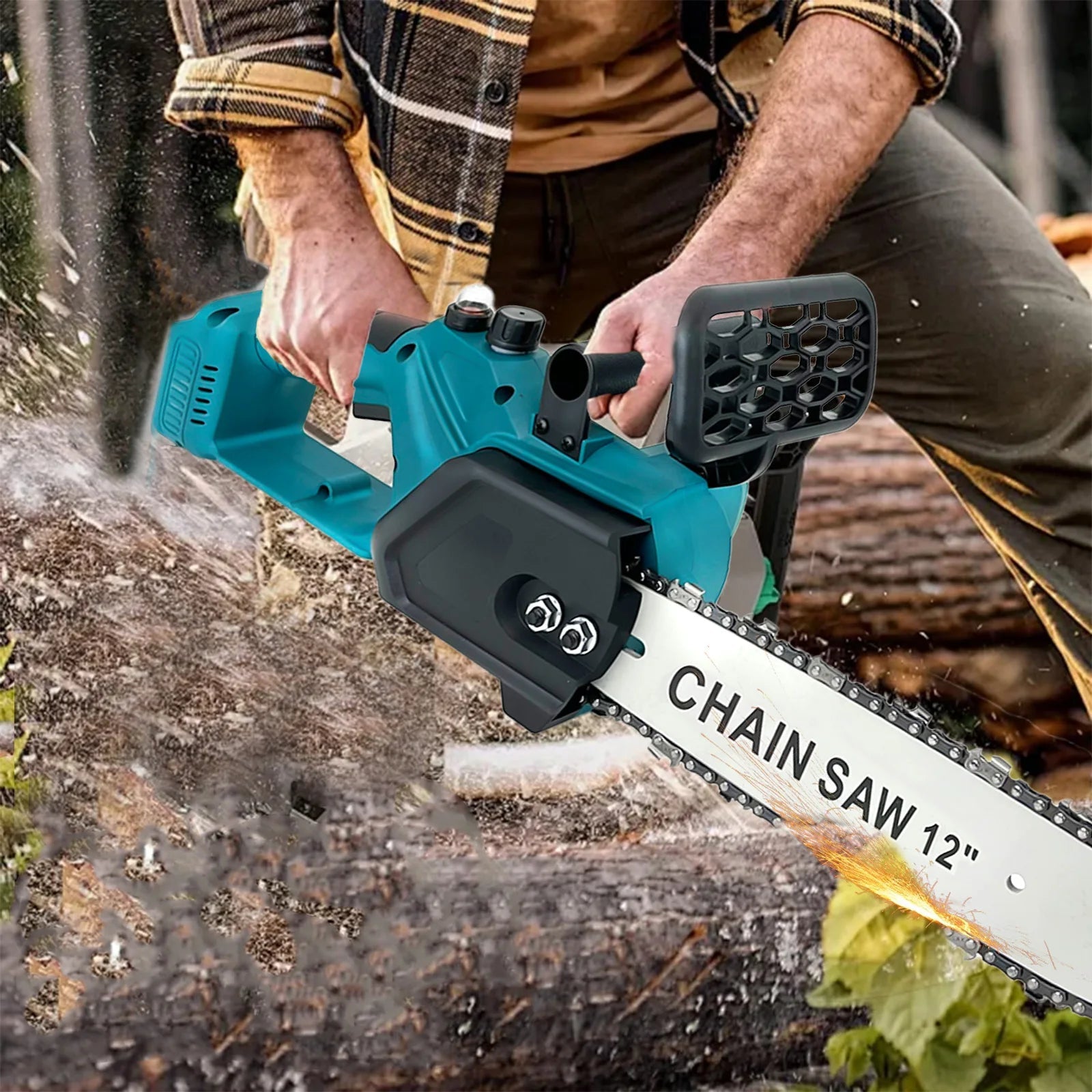 2x Battery 12'' Electric Cordless Chainsaw Power Wood Cutter Saw For Makita 18V with oil system