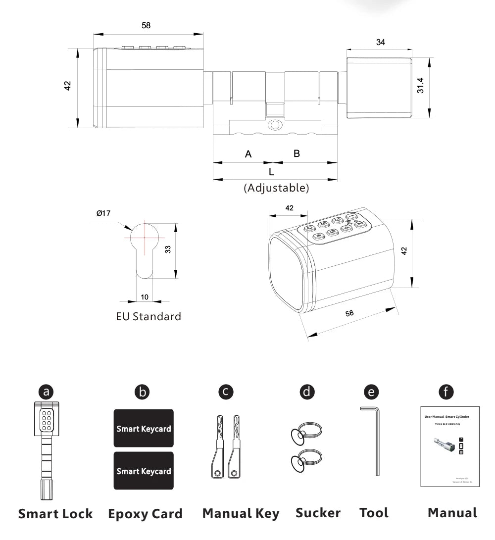 TTLock Smart Lock Cylinder with Keypad, APP Password IC Card Mechanical Key, Adjustable Euro Profile Door Lock