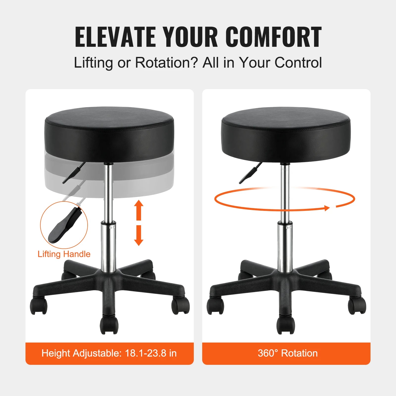 Adjustable Rolling Stool with Wheels 360° Swivel Salon Chair