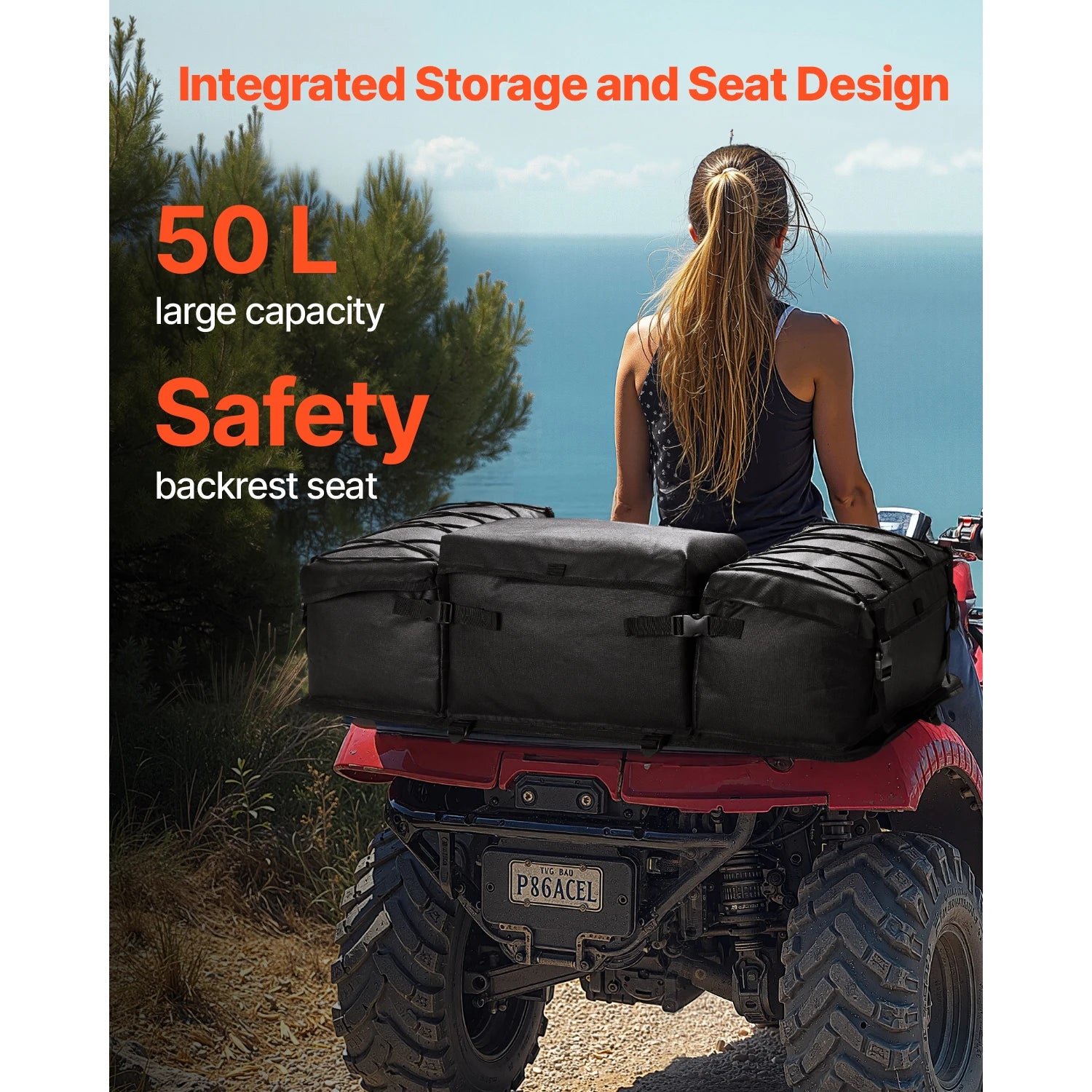50L ATV Rear Storage Bag with Seat Cushion and Bottle Holder