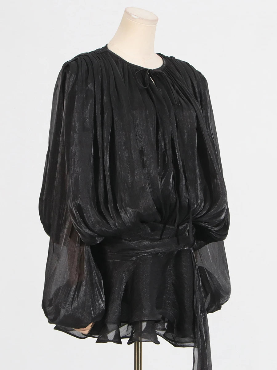 GALCAUR Solid Loose Splicd Lace Up Dresses For Women V Neck Long Sleeves Patchwork Ruffles Tunic Dreses Female Fashio New